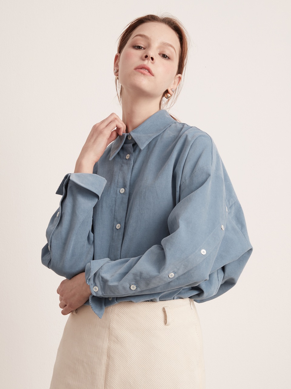 Button Pointed Corduroy Shirt- Cerulean Blue