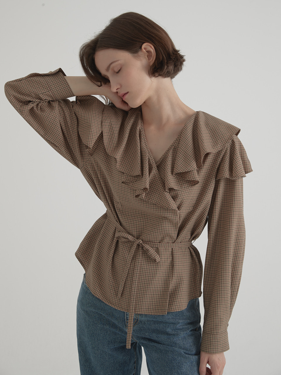 Check frill blouse - Brown