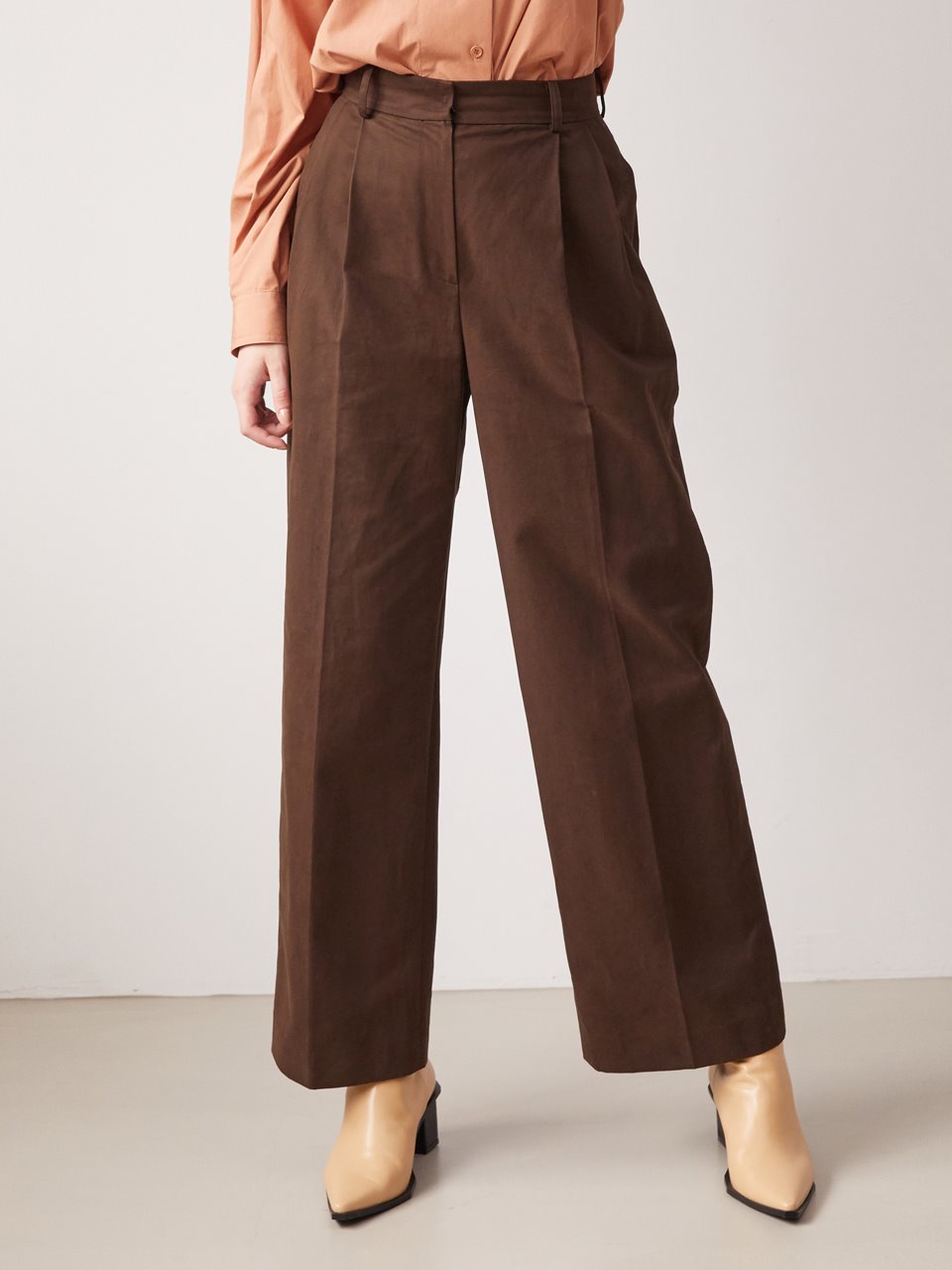 Wide cotton tuck pants - Brown