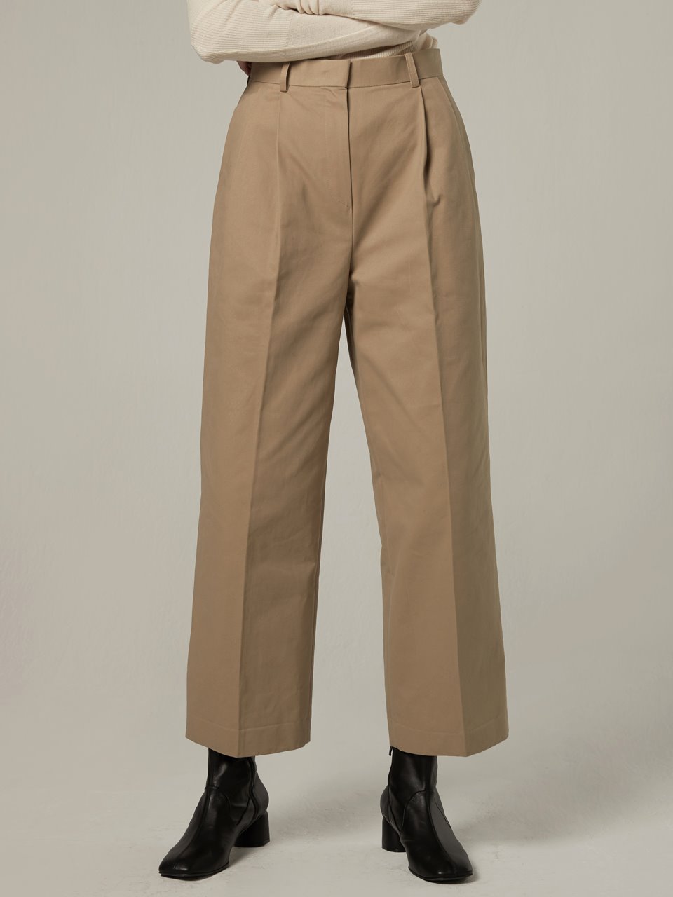 Wide cotton tuck pants - Beige