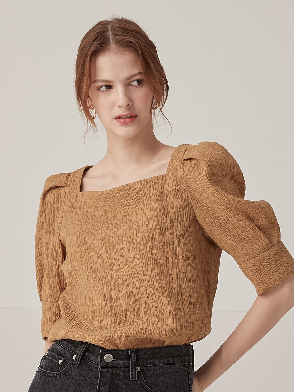 Square neck puff blouse - Brown
