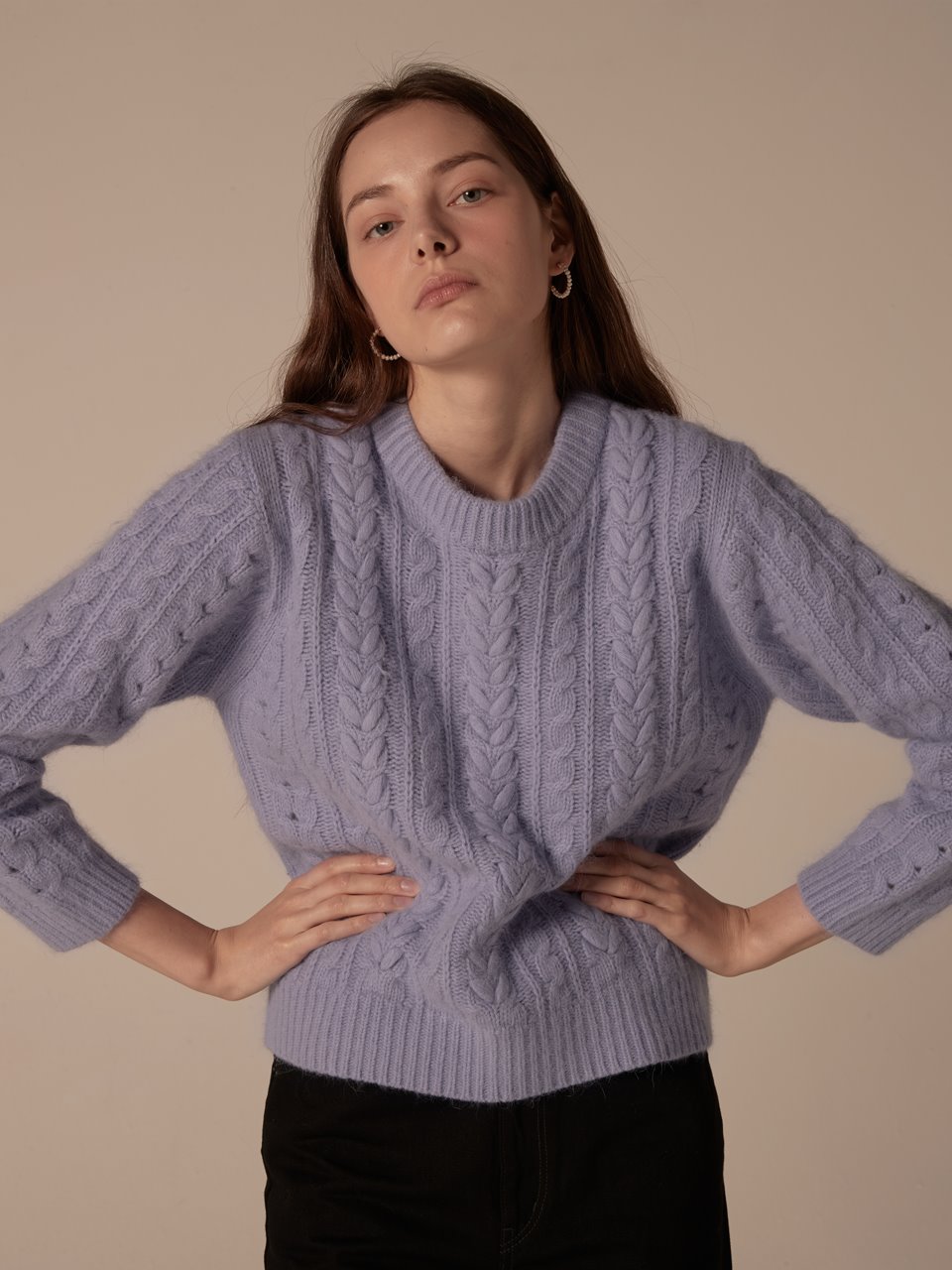 Embroidery cable angora knit pullover - Purple