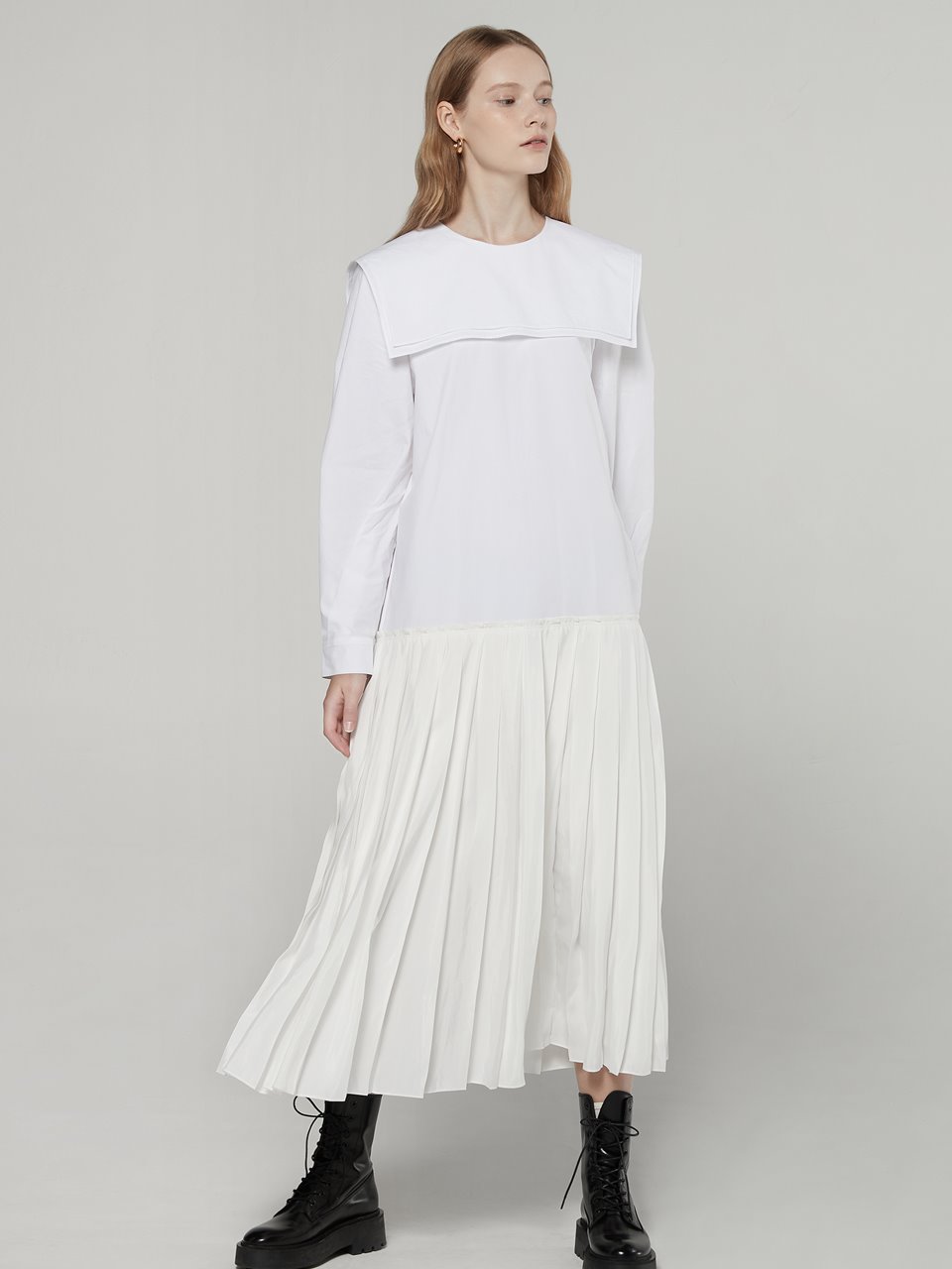 Double collar pleated dress - White