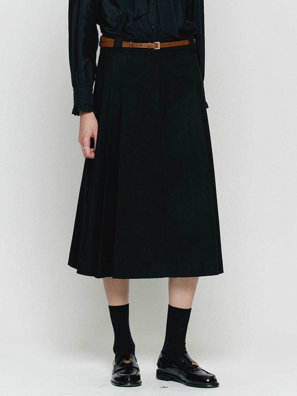 Side pleated midi skirt - Black