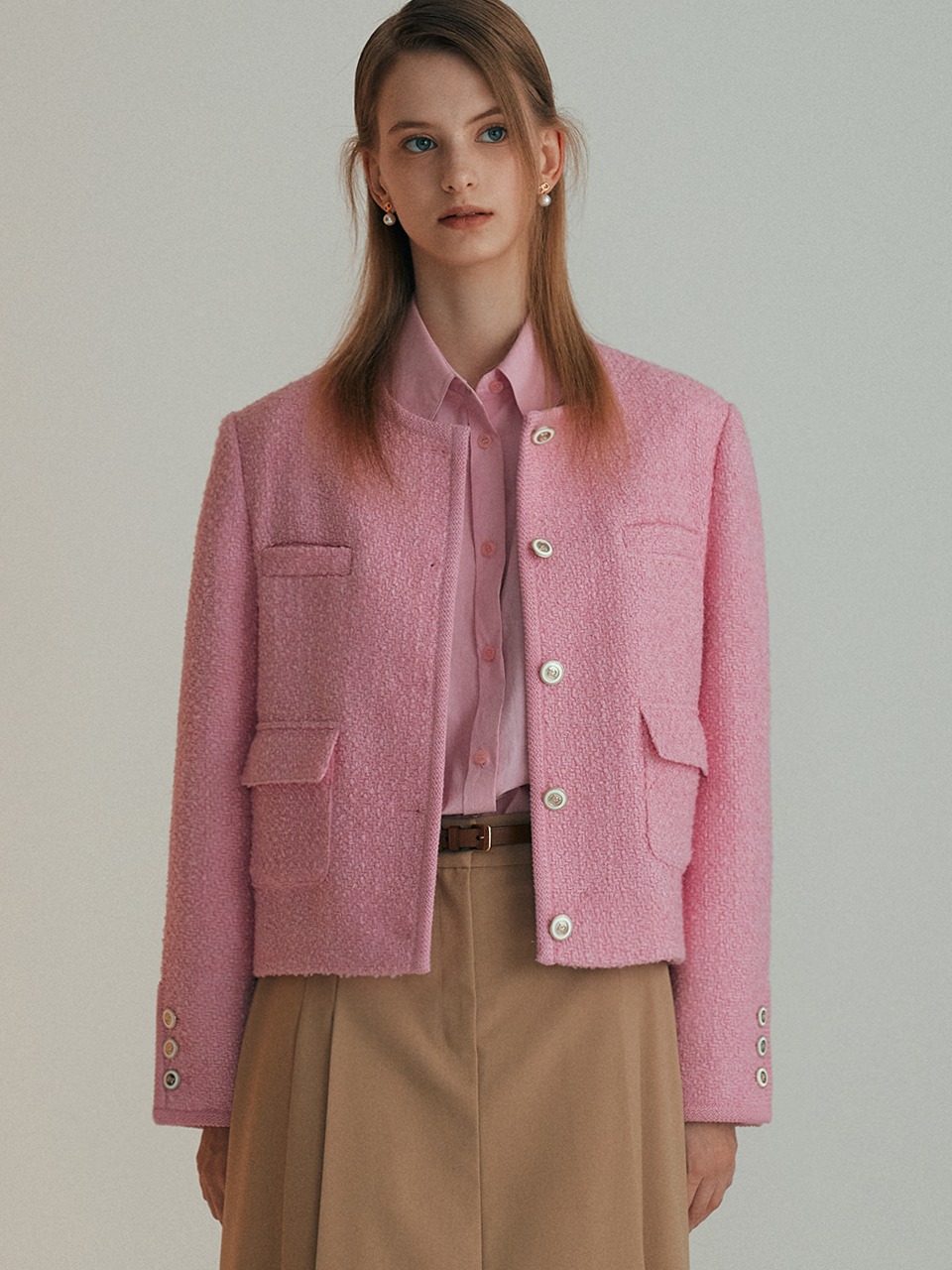 Trimming wool tweed jacket - Pink
