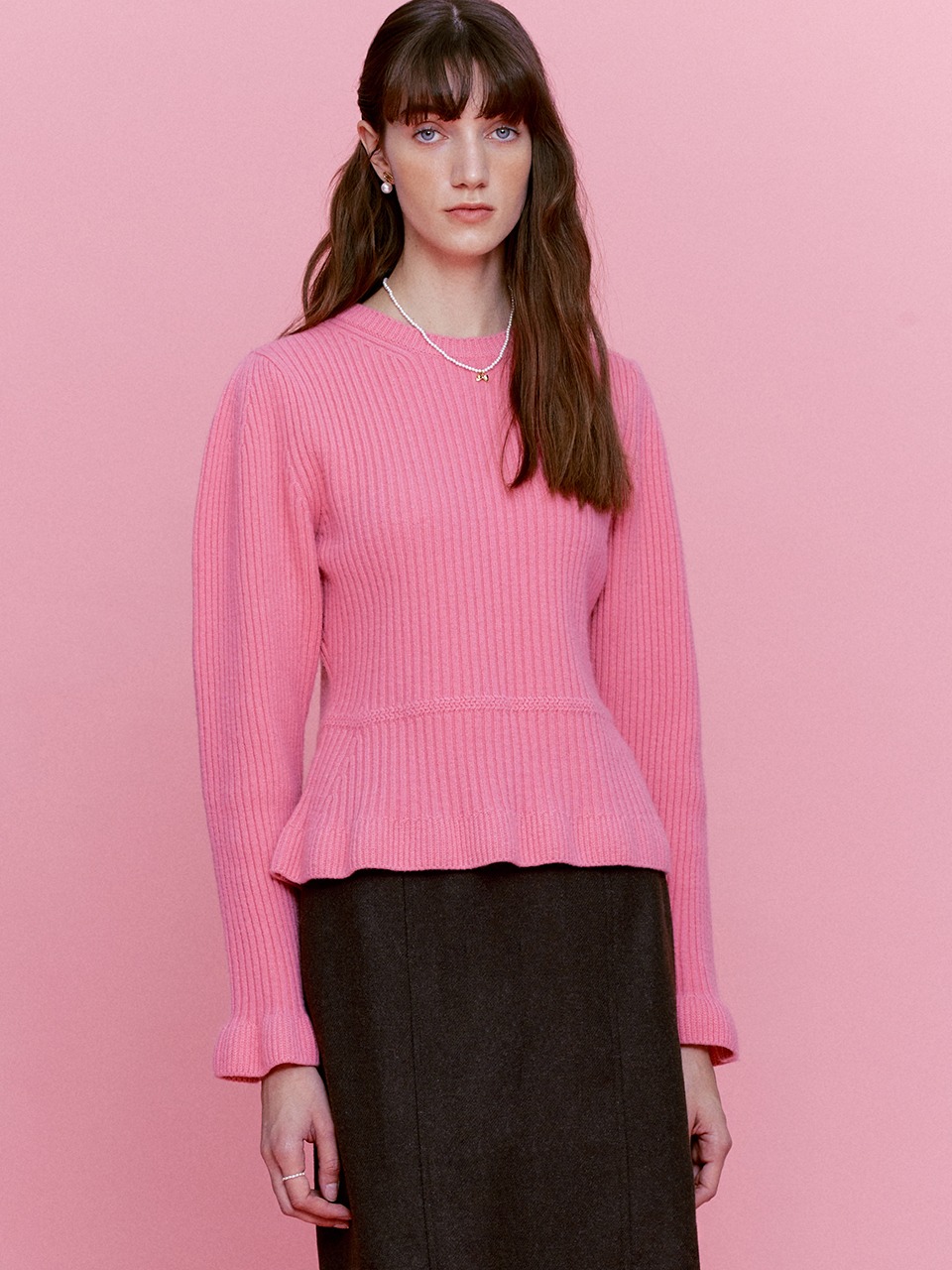 Merino wool peplum knit - Cherry pink