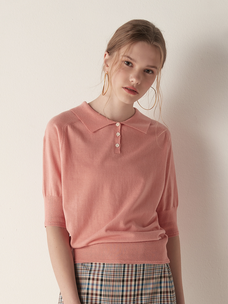 Short sleeve collar knit top - pink