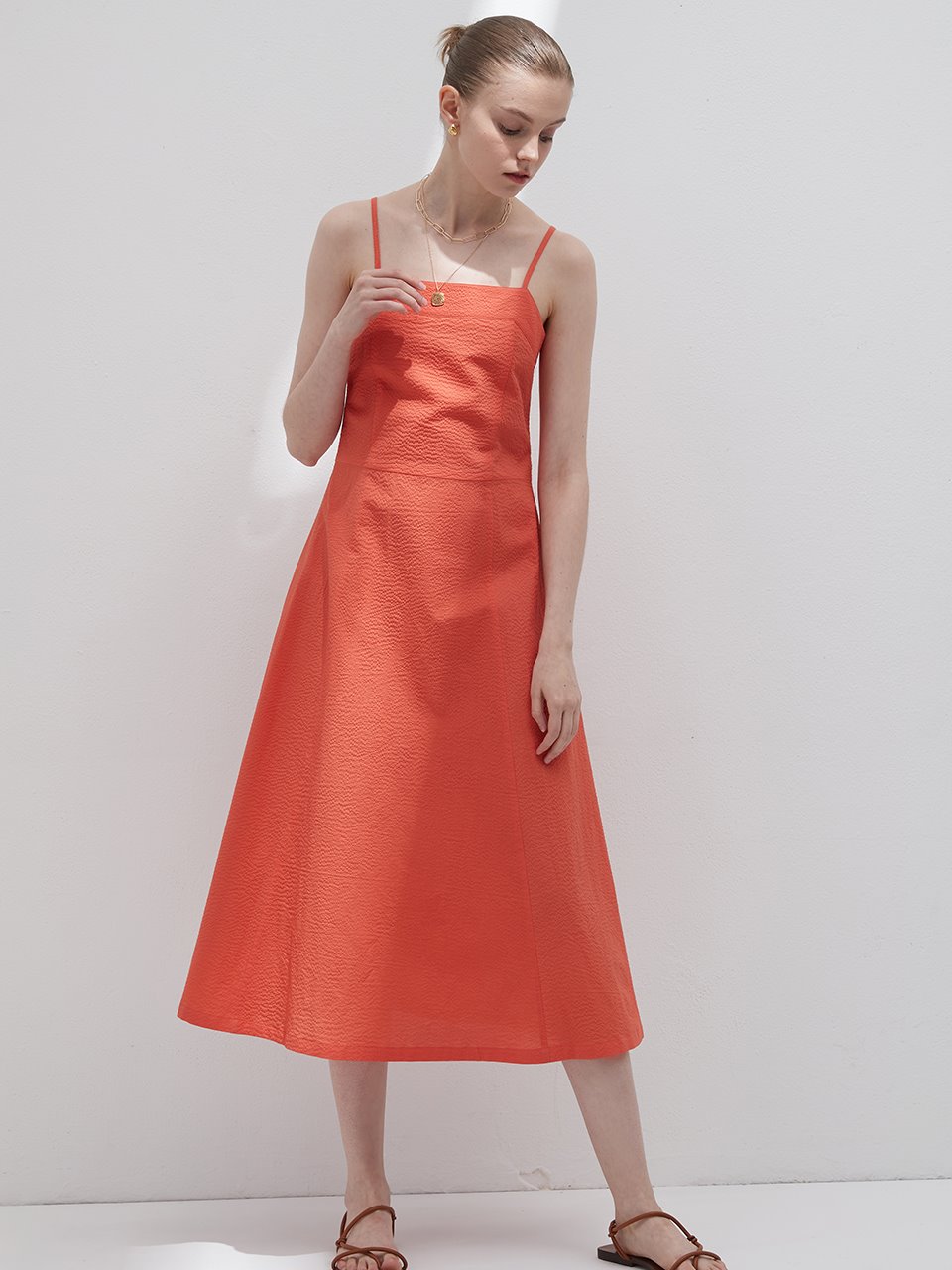 Seersucker layered dress - Reddish orange