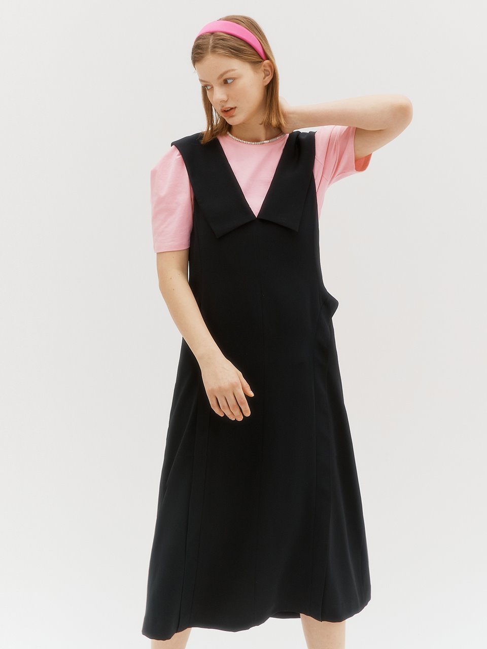 Collar point layered dress - Black