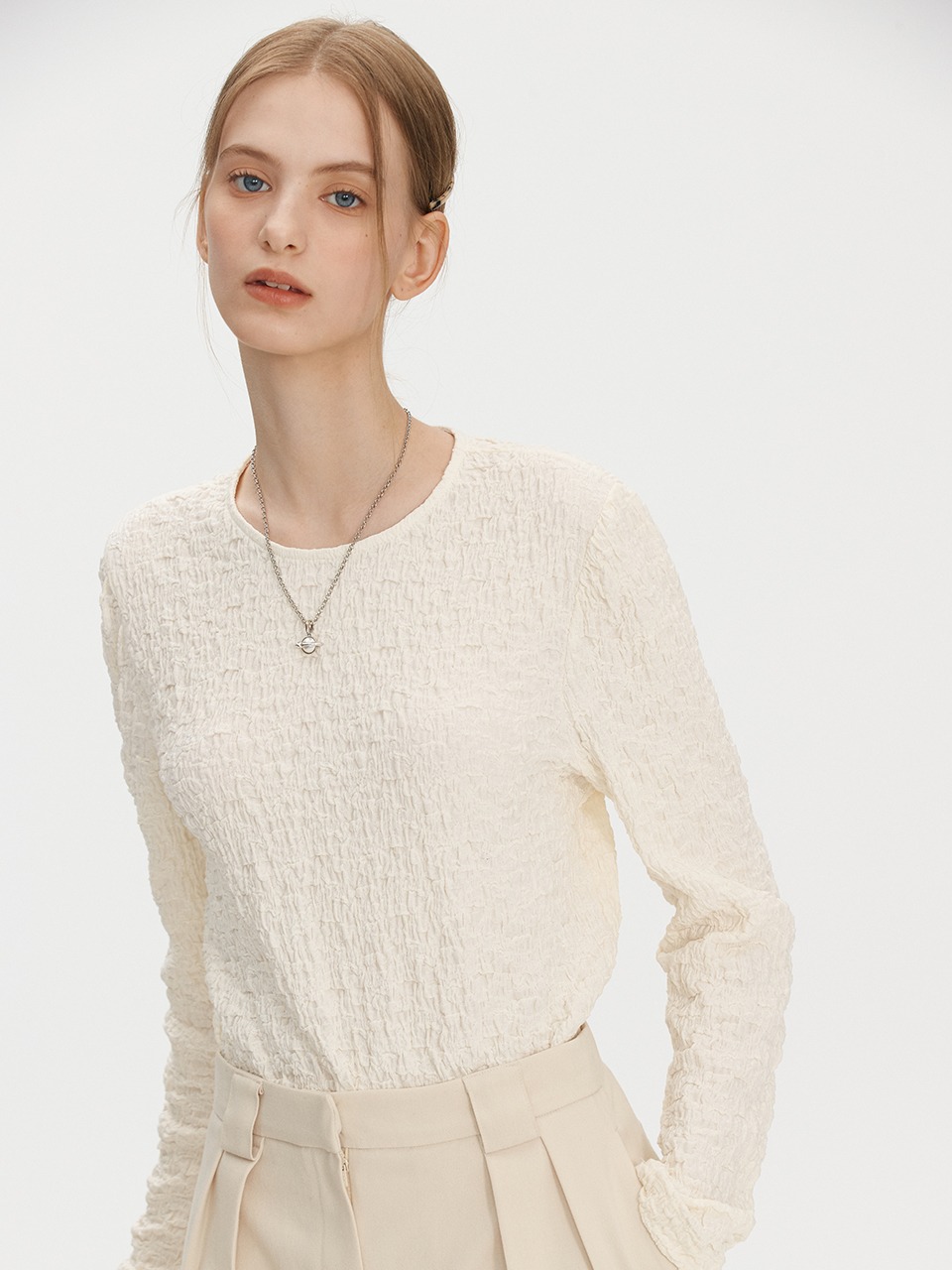 Puff crinkle long top - Pearled ivory