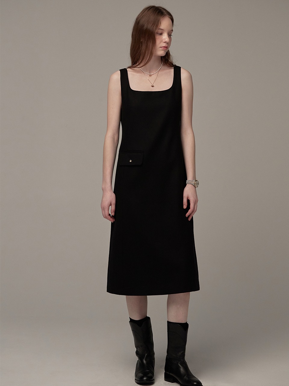 Velvet piping pocket dress - Black