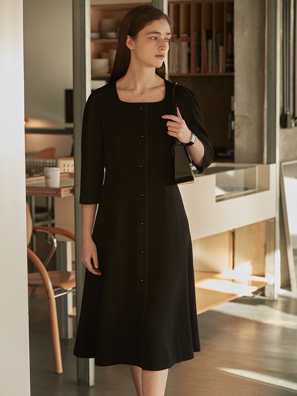 Square neck piping tweed dress - Black