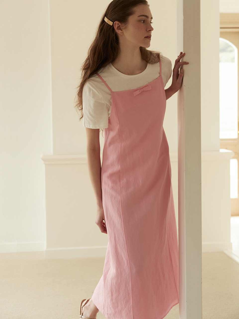 Ribbon point linen dress - Pink