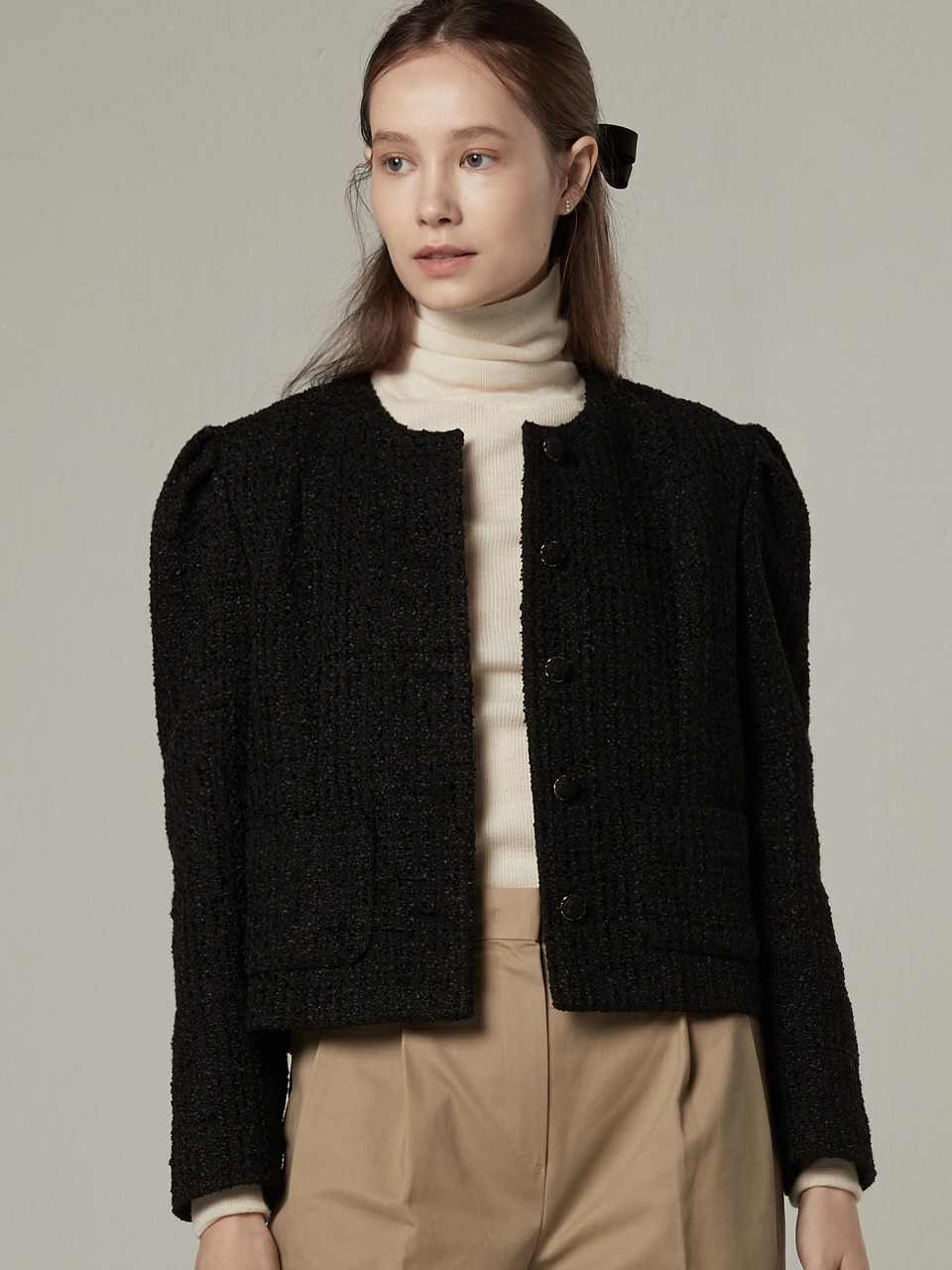 Voluminous tweed crop jacket - Black