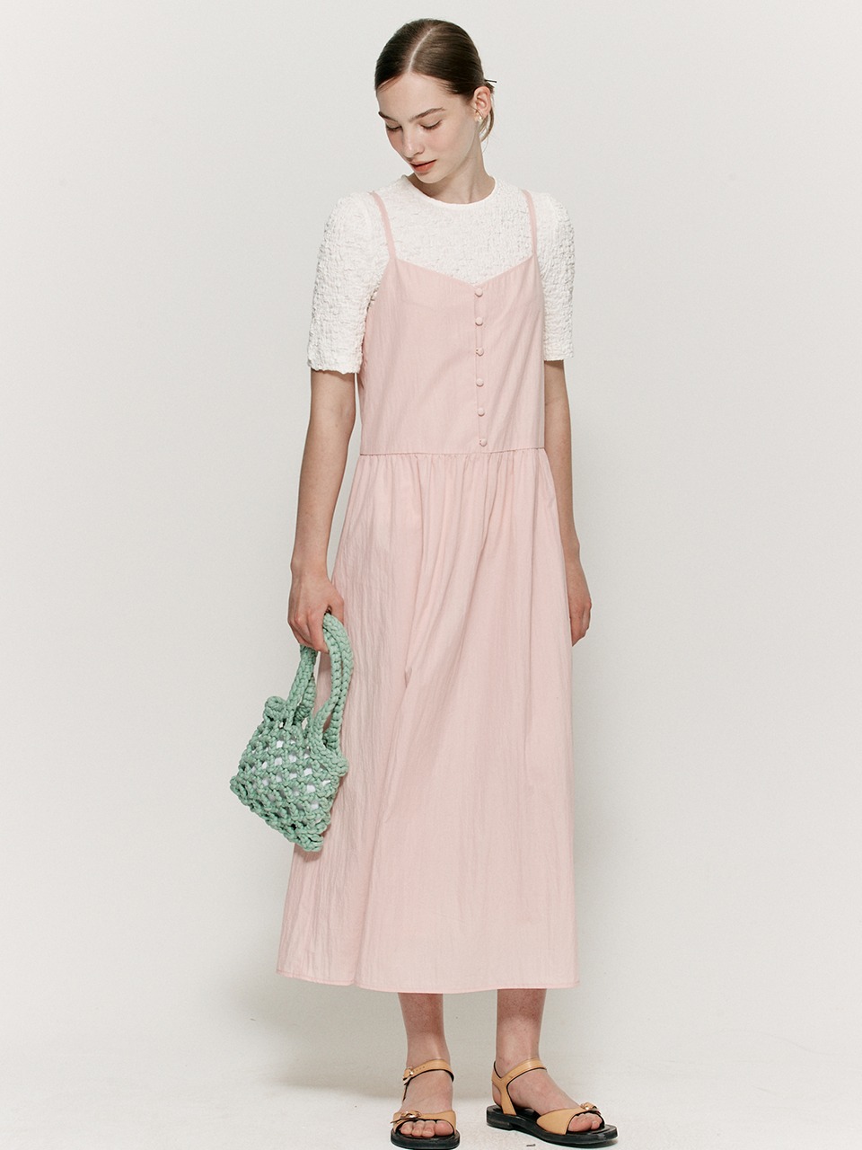 Cover button layered dress - Baby pink